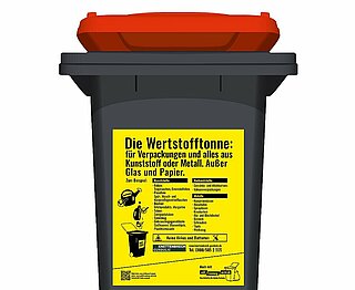 Symbolbild Wertstofftonne mit Aufkleber des Unternehmens Knettenbrech + Gurdulic