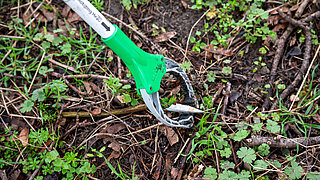 Eine Greifzange greift einen Zigarettenstummel vom erdigen Boden.