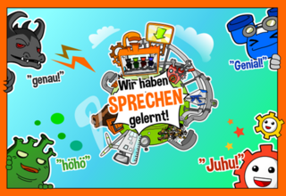 Bunte Grafik mit vier Monstern und einem Haufen Müll in der Mitte des Bildes